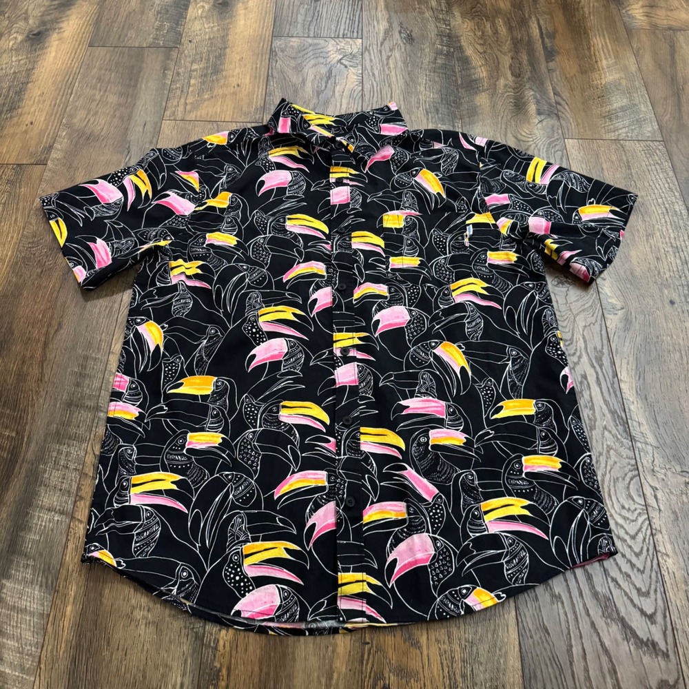 Hurley Mens‎ M Toucan Print Button Down Shirt Black Stretch Fit Resort Tropical